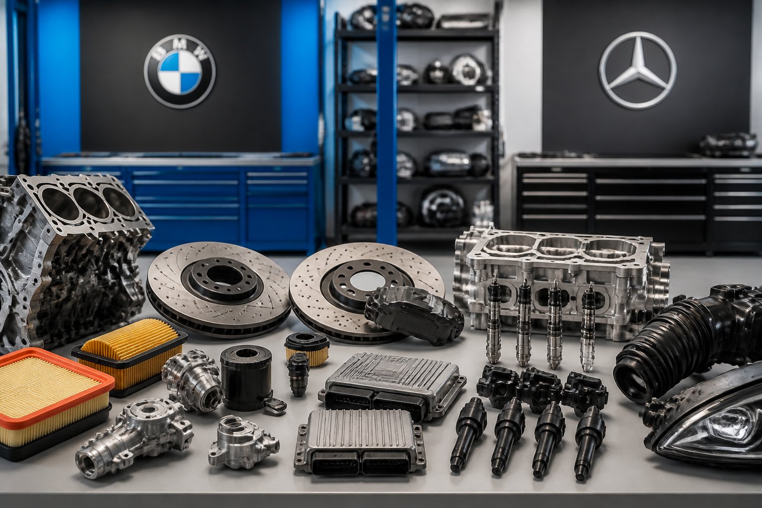 A well-organized automotive workshop with car parts like engine components and brake discs arranged on a workbench, with tools and shelves in the background.