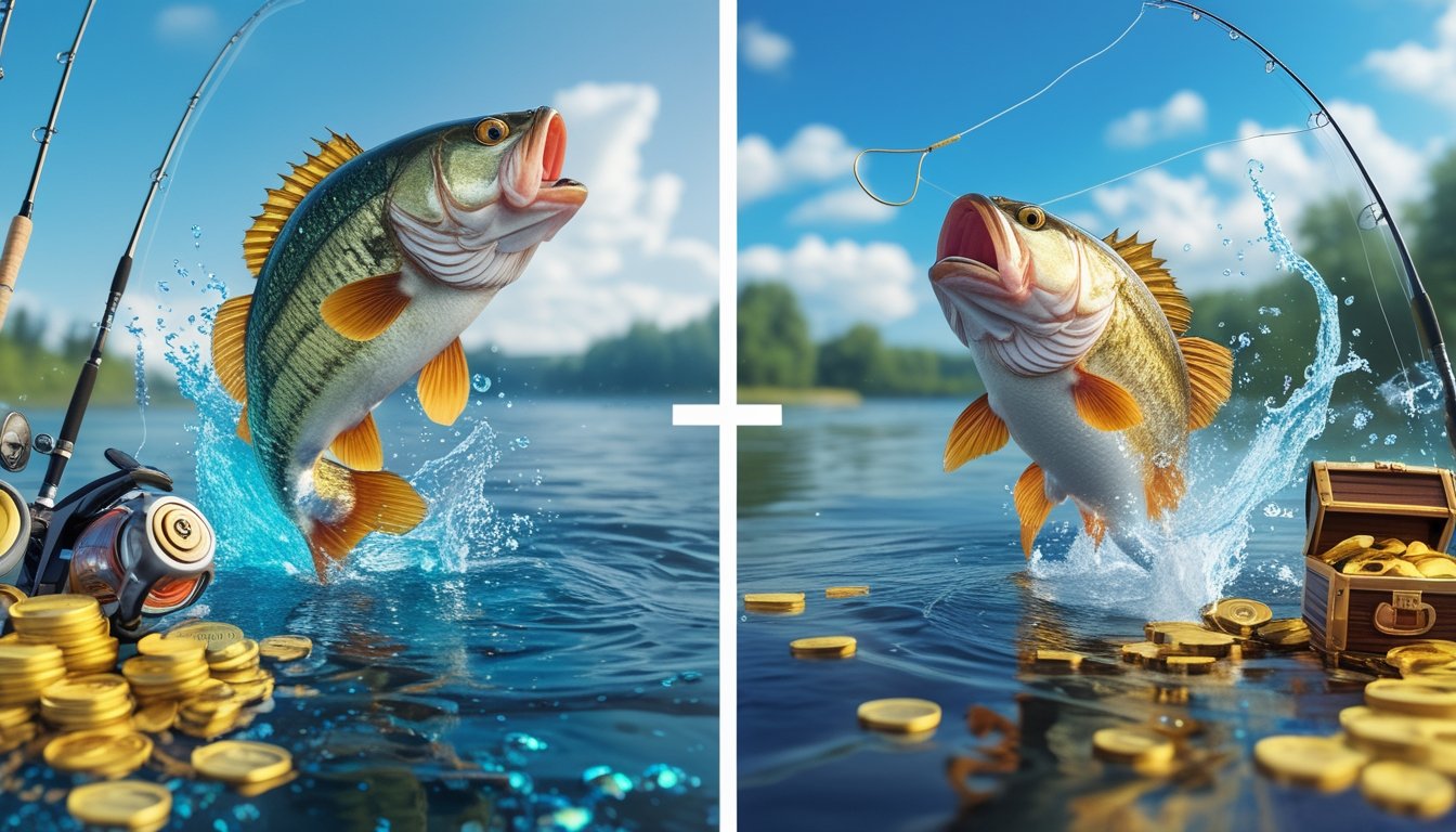 Dua ikan bass melompat dari udara di danau cerah, satu ikan lebih besar dengan tumpukan koin emas di sekelilingnya, menggambarkan keuntungan antara dua permainan memancing.