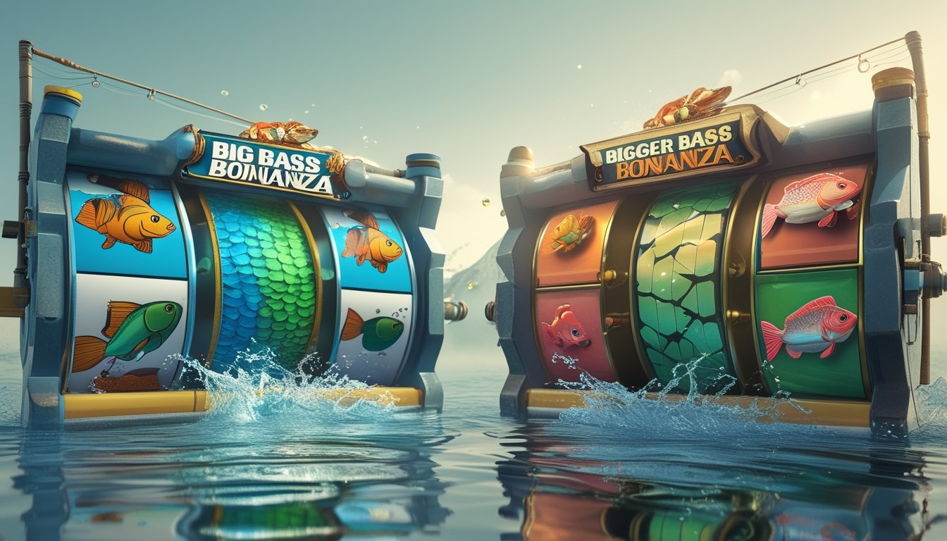 Dua gulungan pancing berukuran berbeda dengan ilustrasi ikan dan udara di latar belakang, menggambarkan perbandingan antara dua permainan bertema memancing.
