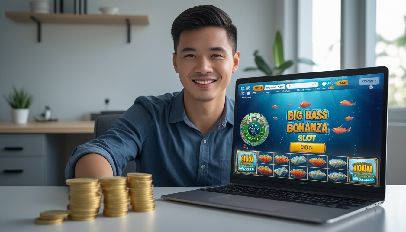 Seorang pria muda duduk di depan laptop dengan ekspresi senang, bermain permainan slot bertema memancing, di meja terdapat uang rupiah dalam jumlah kecil.