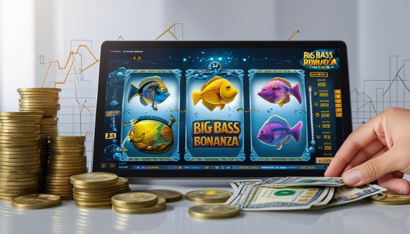 Close-up mesin slot dengan tema ikan bass dan uang rupiah menunjukkan konsep investasi kecil menjadi keuntungan besar.