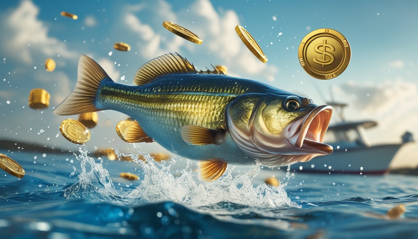 Ikan bass besar melompat dari air dengan koin emas dan chip kasino mengapung di sekitarnya, latar belakang perahu memancing dan langit cerah.