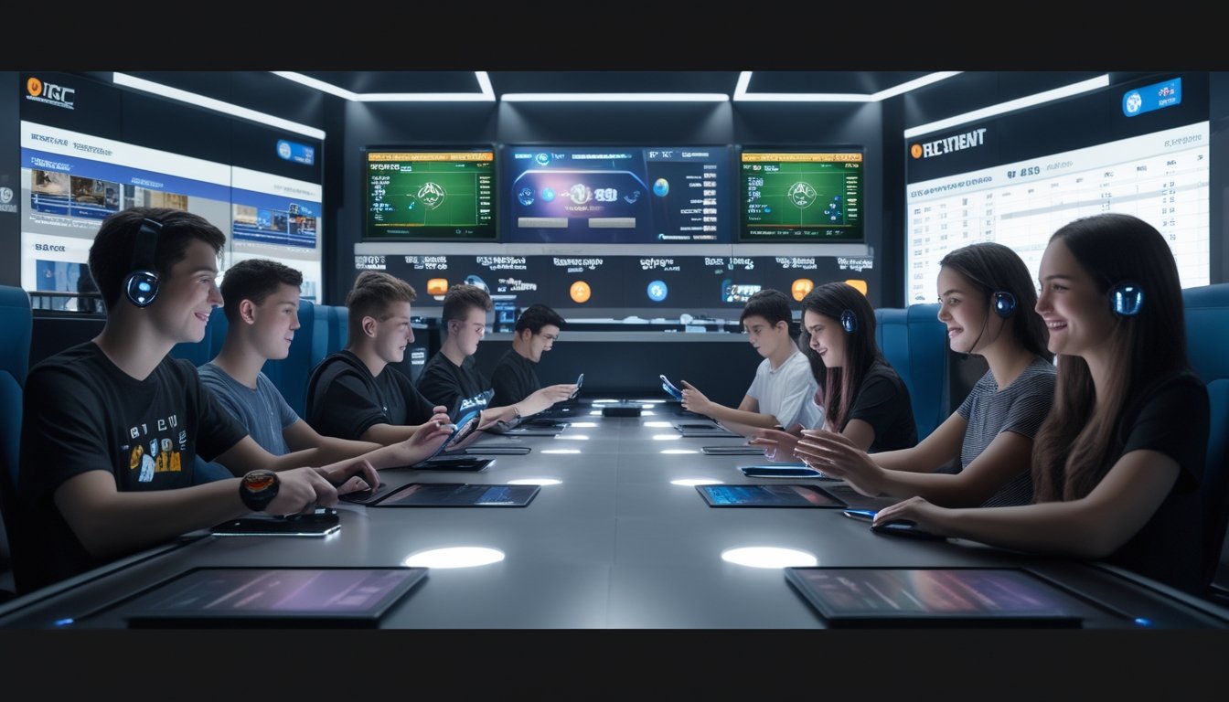 Sejumlah orang muda sedang menggunakan perangkat digital di ruang permainan esports dengan layar besar yang menampilkan pertandingan dan informasi taruhan.