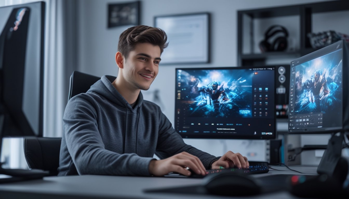 Seorang pria muda duduk di meja modern dengan laptop, terlihat fokus dan puas saat menggunakan platform taruhan esports yang resmi, dengan perlengkapan gaming di latar belakang.