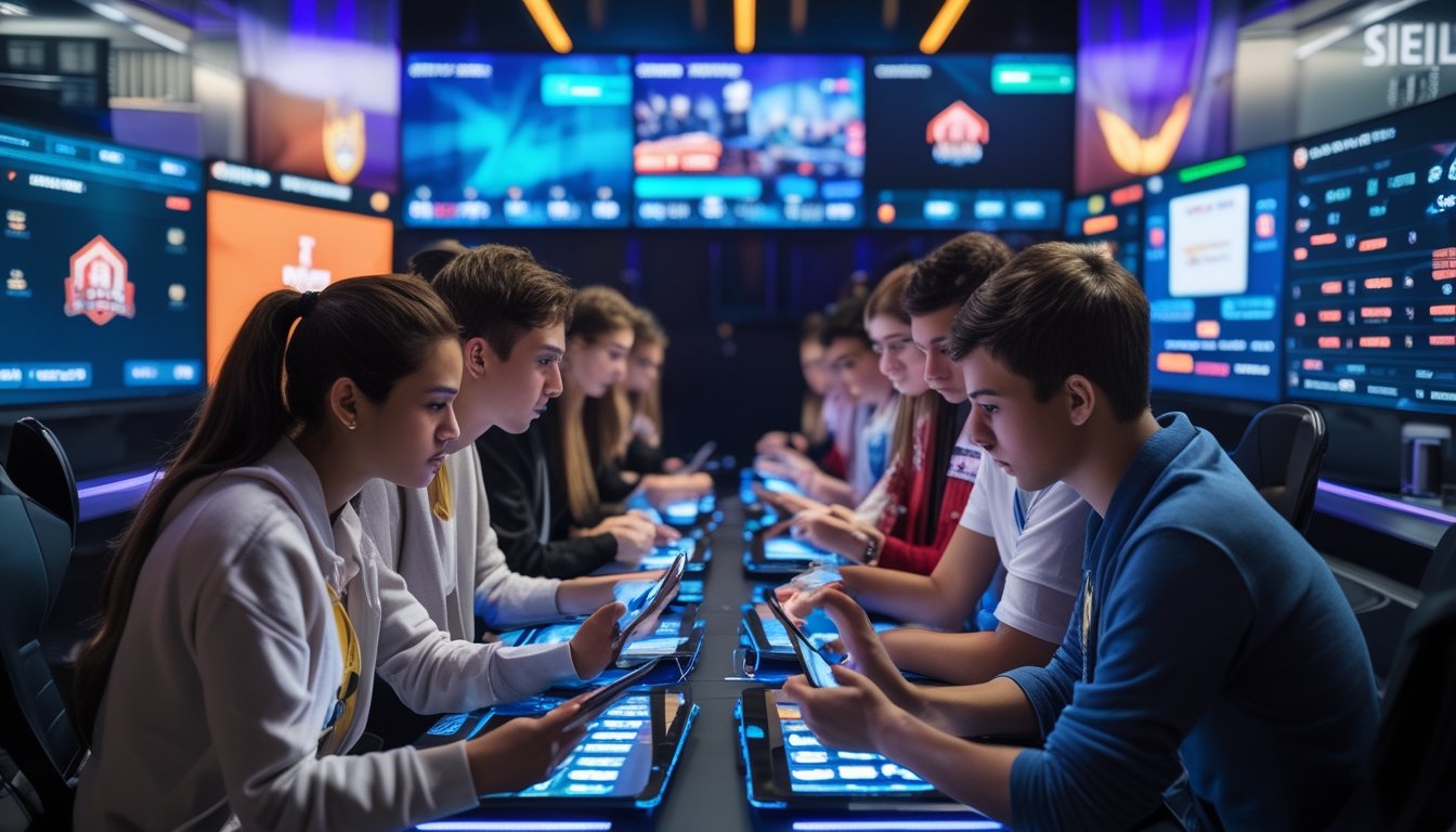 Sekelompok orang muda sedang menggunakan ponsel dan tablet di ruang bermain game dengan layar besar yang menampilkan permainan esports populer.