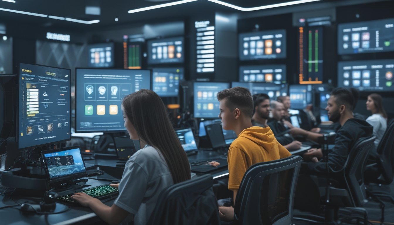 Beberapa orang muda sedang menggunakan komputer dan ponsel untuk bertaruh pada permainan esports populer dalam suasana ruang permainan modern.