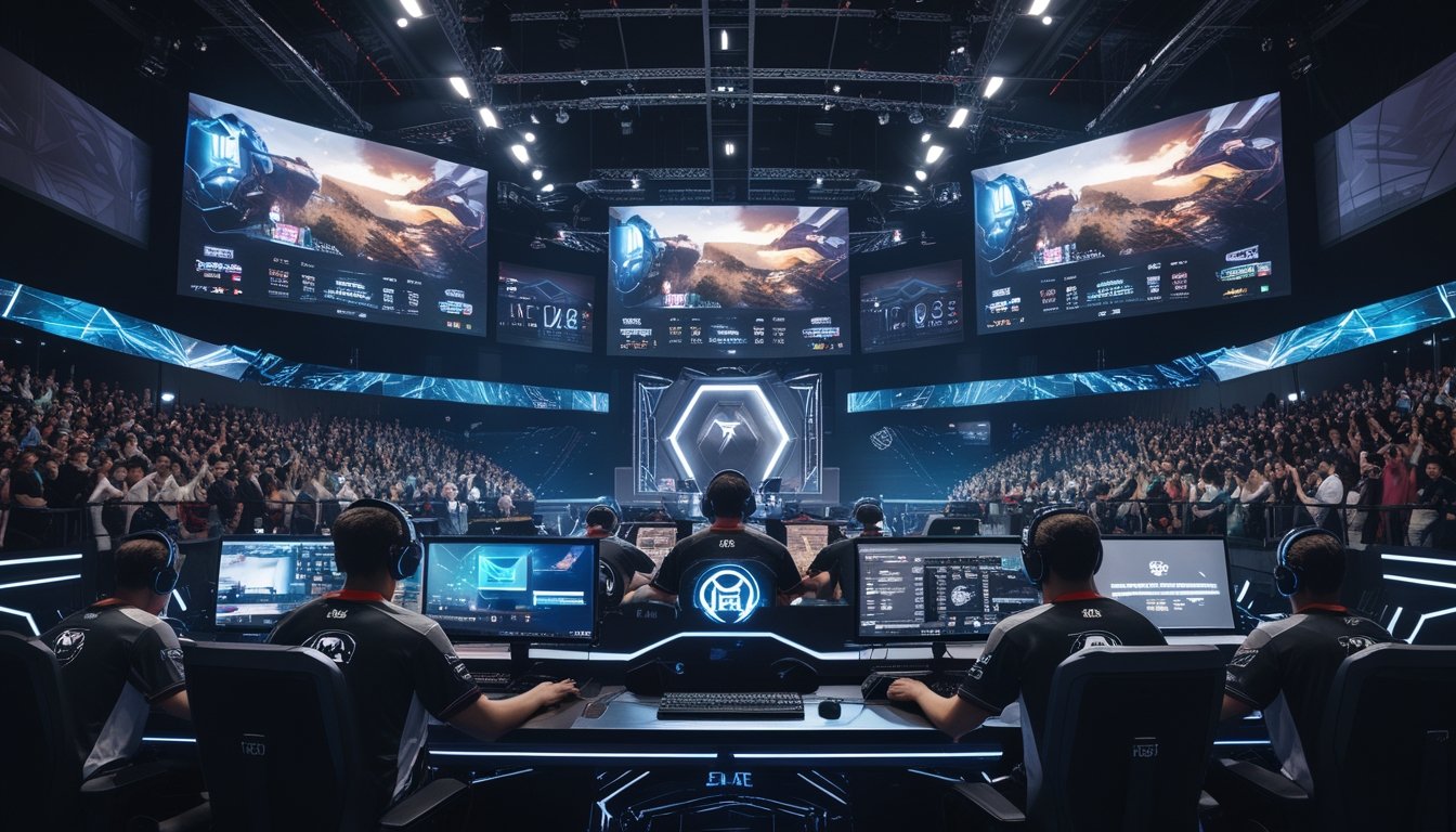 Suasana pertandingan esports dengan pemain fokus bermain, penonton antusias, dan layar besar menampilkan pertandingan secara langsung.