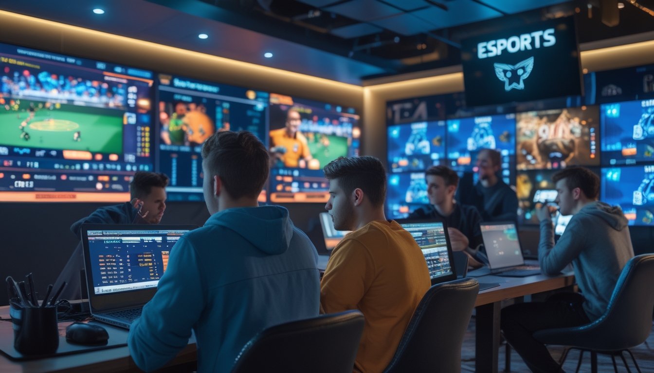 Sekelompok orang muda sedang menonton pertandingan esports secara langsung dan memeriksa peluang taruhan di perangkat elektronik di ruang gaming modern.