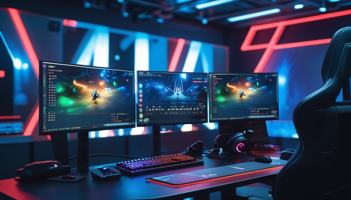 Setup gaming esports modern dengan dua monitor, kursi gaming, dan lampu LED berwarna biru dan merah di ruangan yang terang.