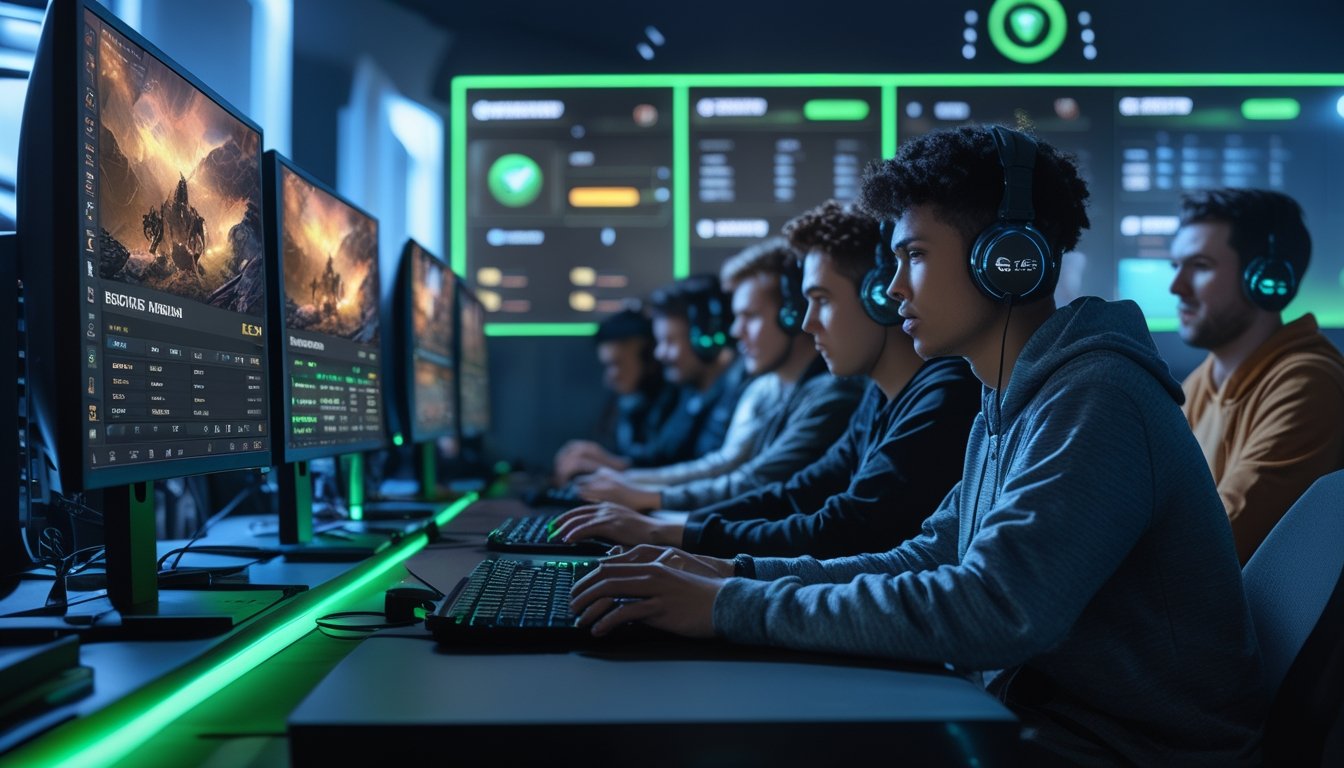 Sekelompok orang muda sedang fokus bermain dan bertaruh pada permainan esports di sebuah ruang gaming modern.