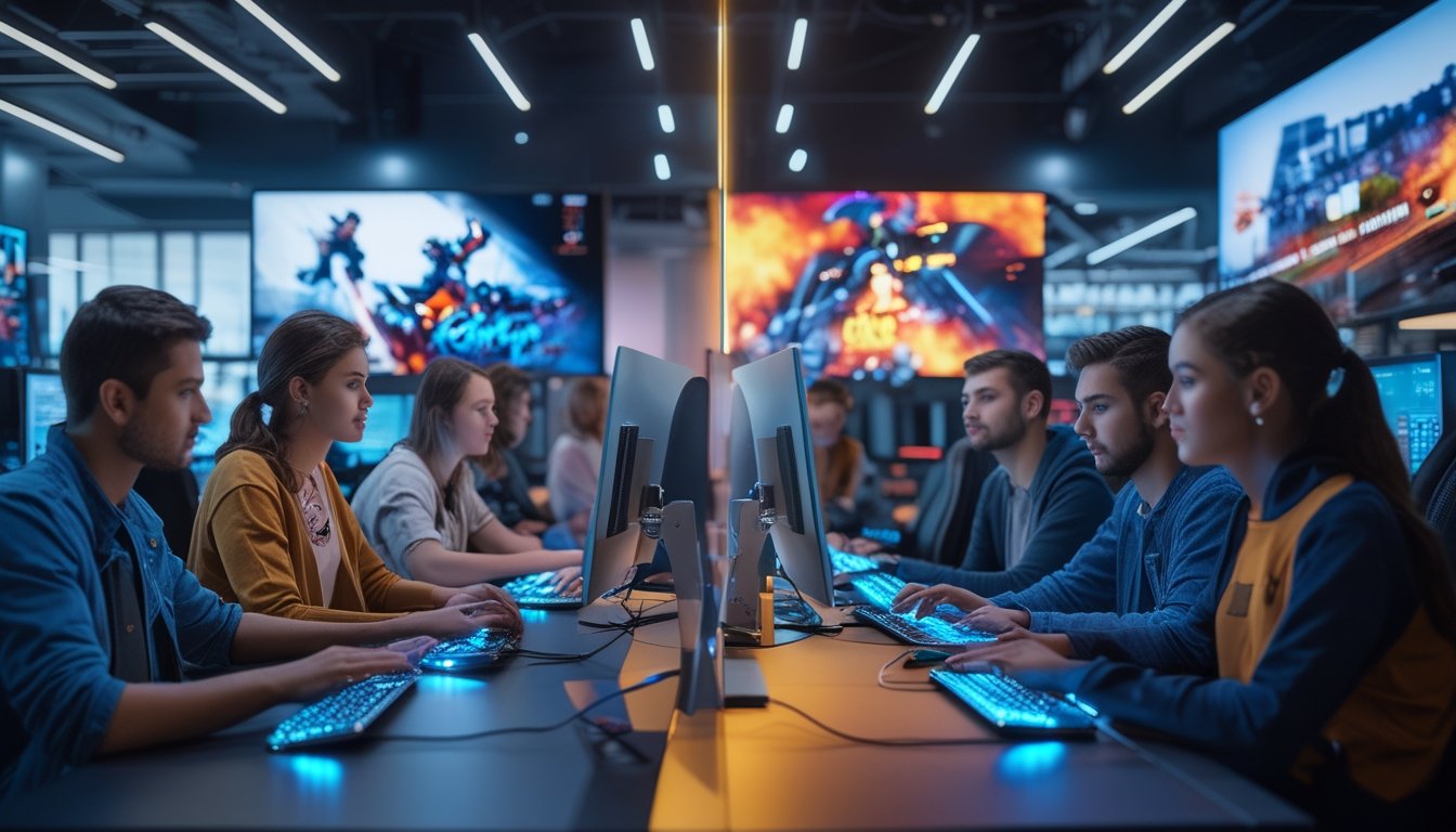 Sekelompok orang muda bermain dan bertaruh esports di sebuah ruang game modern dengan komputer dan layar besar.