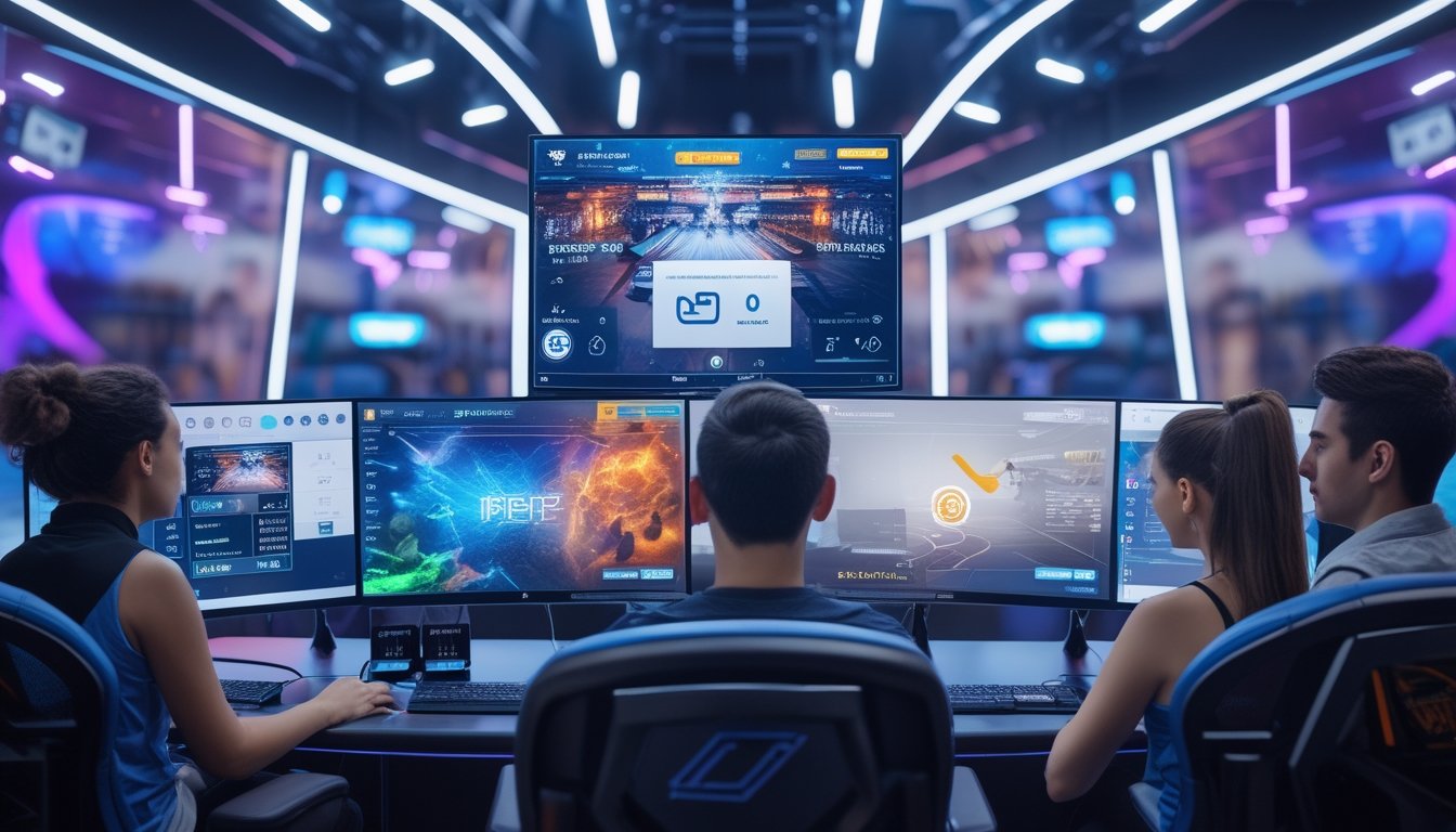 Sekelompok orang muda fokus bermain dan memasang taruhan esports di depan layar komputer dalam ruangan modern yang terang dan aman.