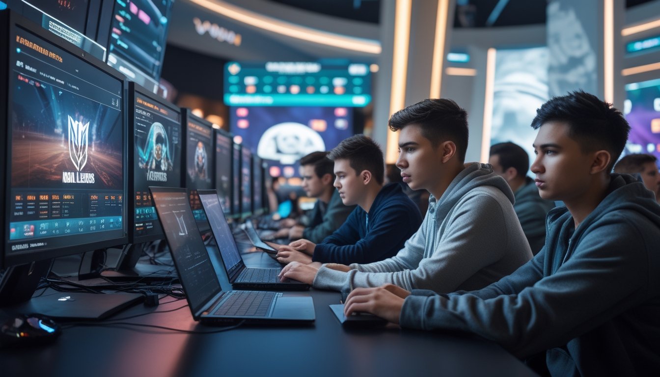 Sekelompok orang muda sedang fokus menggunakan komputer dan ponsel untuk taruhan esports Mobile Legends dan Valorant di ruang permainan modern.