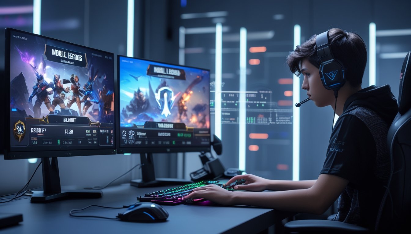 Seorang pemain esports muda sedang bermain Mobile Legends dan Valorant di depan dua monitor dengan peralatan gaming di meja yang rapi.