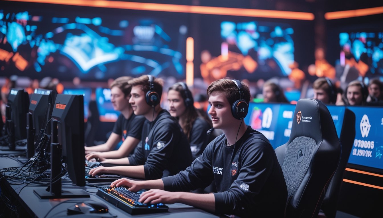 Seorang pemain esports fokus bermain di arena turnamen dengan rekan setim di sekitar, menampilkan suasana kompetitif dan modern.