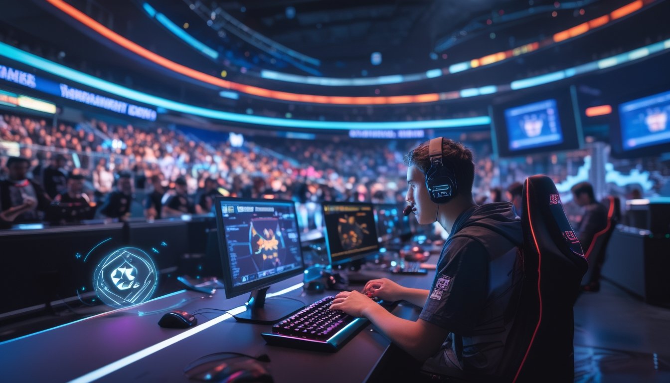 Suasana turnamen esports dengan pemain fokus bermain di depan komputer dan penonton yang antusias di latar belakang.