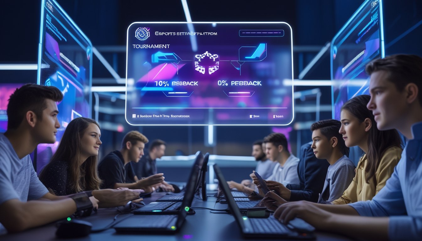 Sekelompok orang muda sedang menggunakan perangkat digital dengan layar yang menampilkan grafik terkait turnamen esports dan cashback.