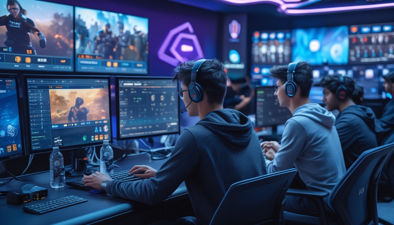 Beberapa orang muda sedang menggunakan komputer dan tablet di ruangan dengan layar besar yang menampilkan permainan esports populer seperti Dota 2, PUBG, dan CS2.