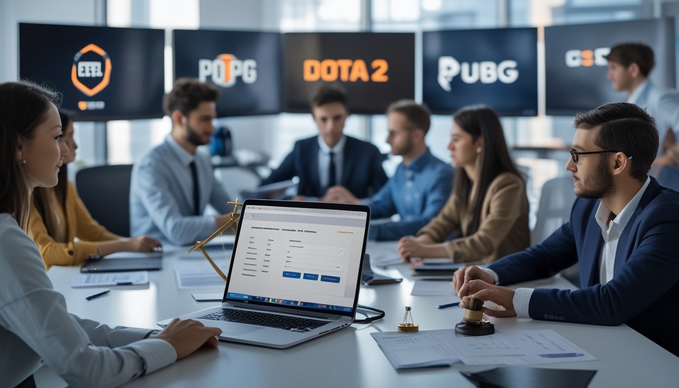 Sekelompok profesional muda bekerja bersama di kantor modern dengan komputer yang menampilkan permainan esports populer dan dokumen resmi di meja.