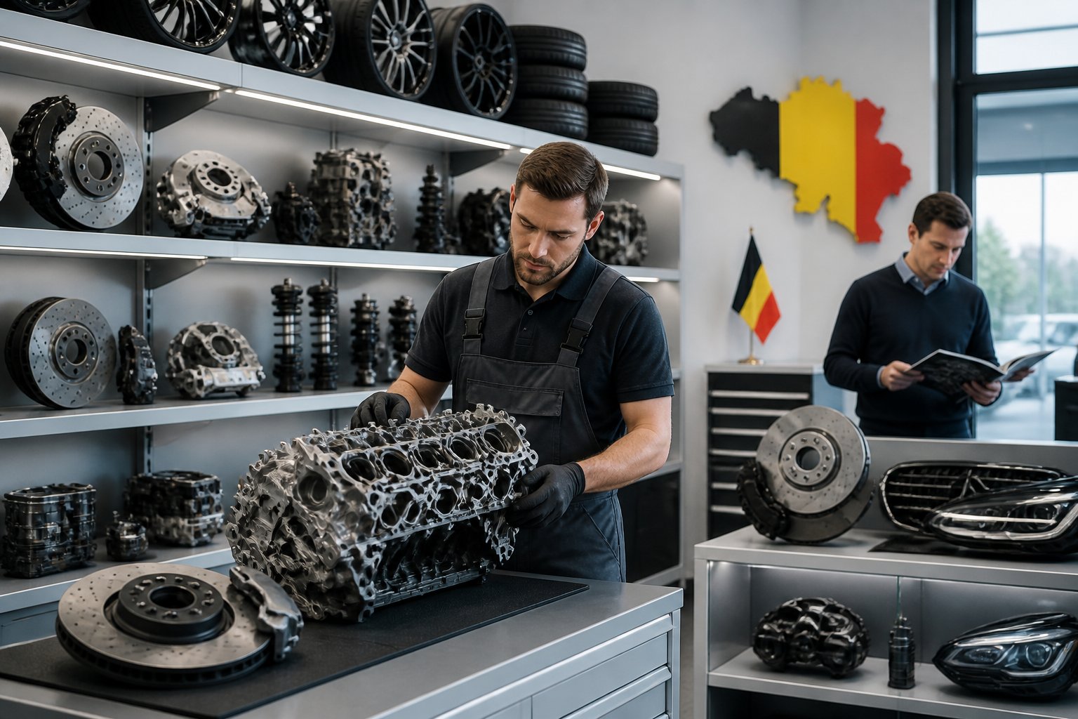 A clean automotive workshop with BMW and Mercedes car parts displayed and two people inspecting parts in a bright, organized setting.
