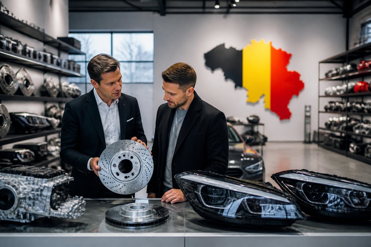 A person inspecting luxury car parts in a clean, organized showroom with shelves of BMW and Mercedes components, with subtle Belgian elements in the background.