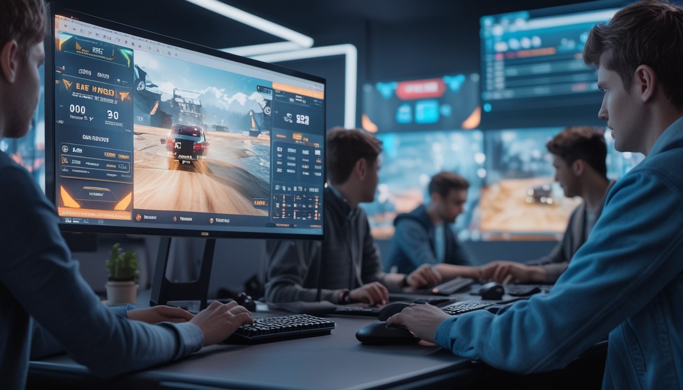 Sekelompok orang muda yang fokus menggunakan komputer dan ponsel untuk taruhan langsung esports dengan layar yang menampilkan permainan dan grafik taruhan.