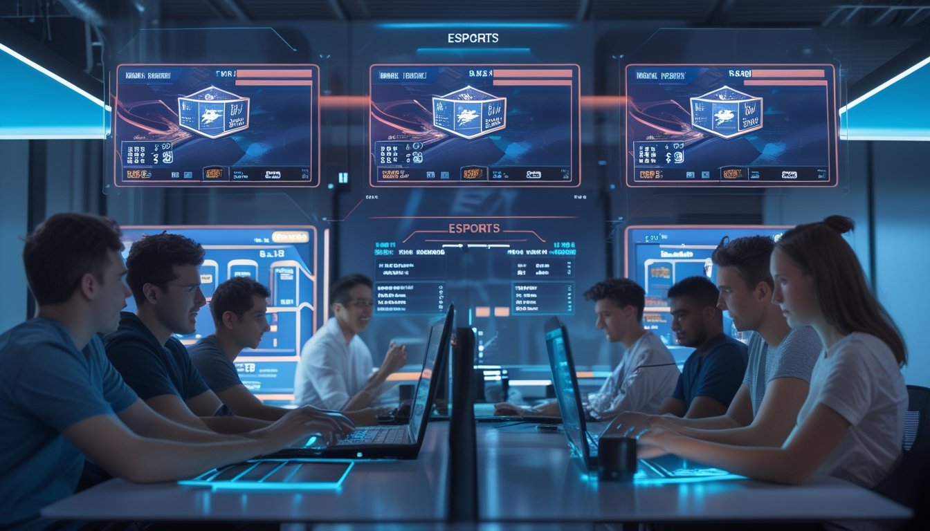 Sekelompok orang muda menggunakan perangkat digital untuk bertaruh pada pertandingan esports secara langsung dengan grafik dan data yang terlihat di layar.