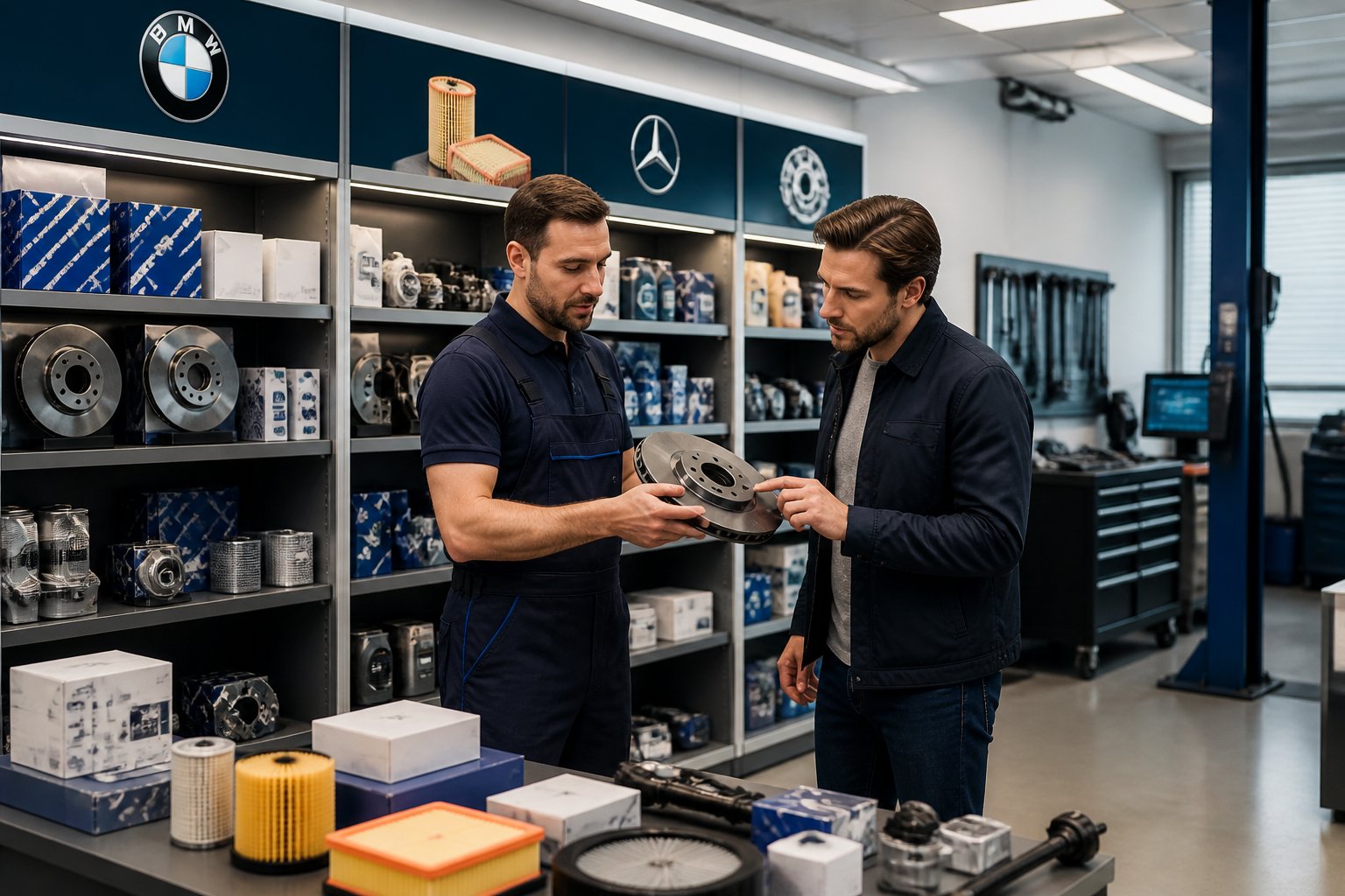 A customer and store employee examining car parts in a clean automotive parts store with shelves of BMW and Mercedes components.