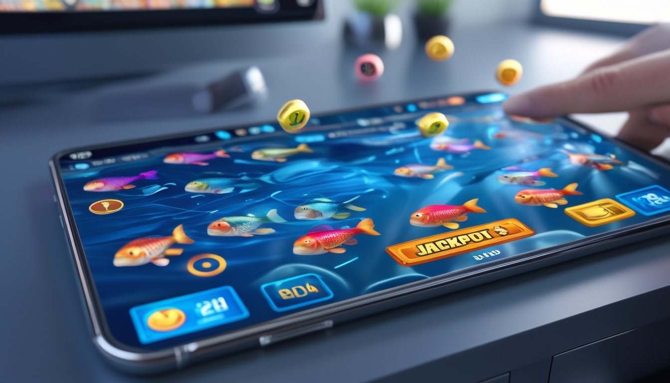 Seorang pemain yang fokus menggunakan perangkat digital untuk bermain permainan tembak ikan 2D dengan ikan berwarna-warni di layar.