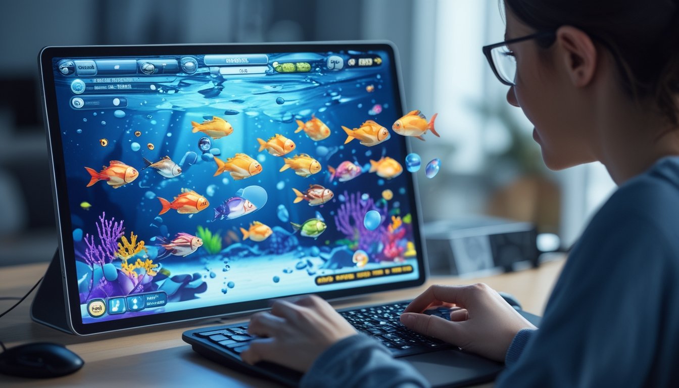 Seorang pemain sedang bermain permainan tembak ikan 2D online dengan layar perangkat digital yang menampilkan ikan berwarna-warni di bawah laut.