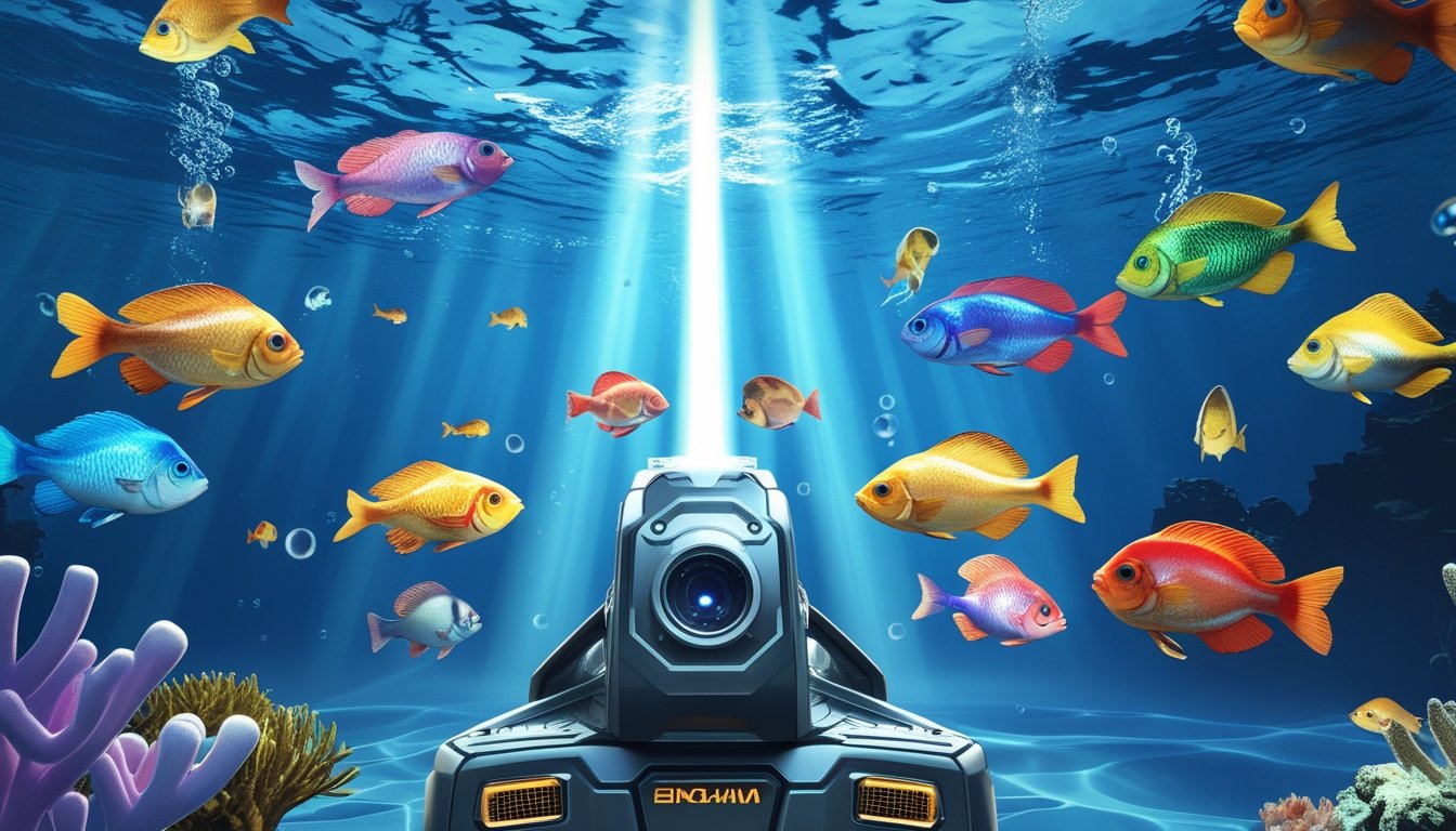 Pemandangan bawah laut dengan ikan warna-warni dan alat tembak ikan yang modern di depan, menampilkan suasana permainan tembak ikan 2D yang seru.