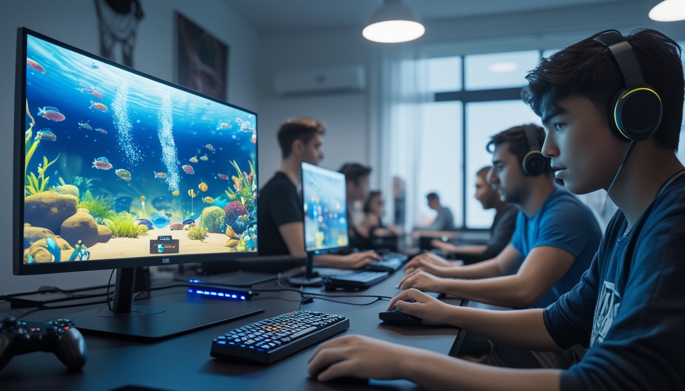 Beberapa orang sedang bermain game menembak ikan 2D di sebuah ruangan permainan yang rapi dan terang.