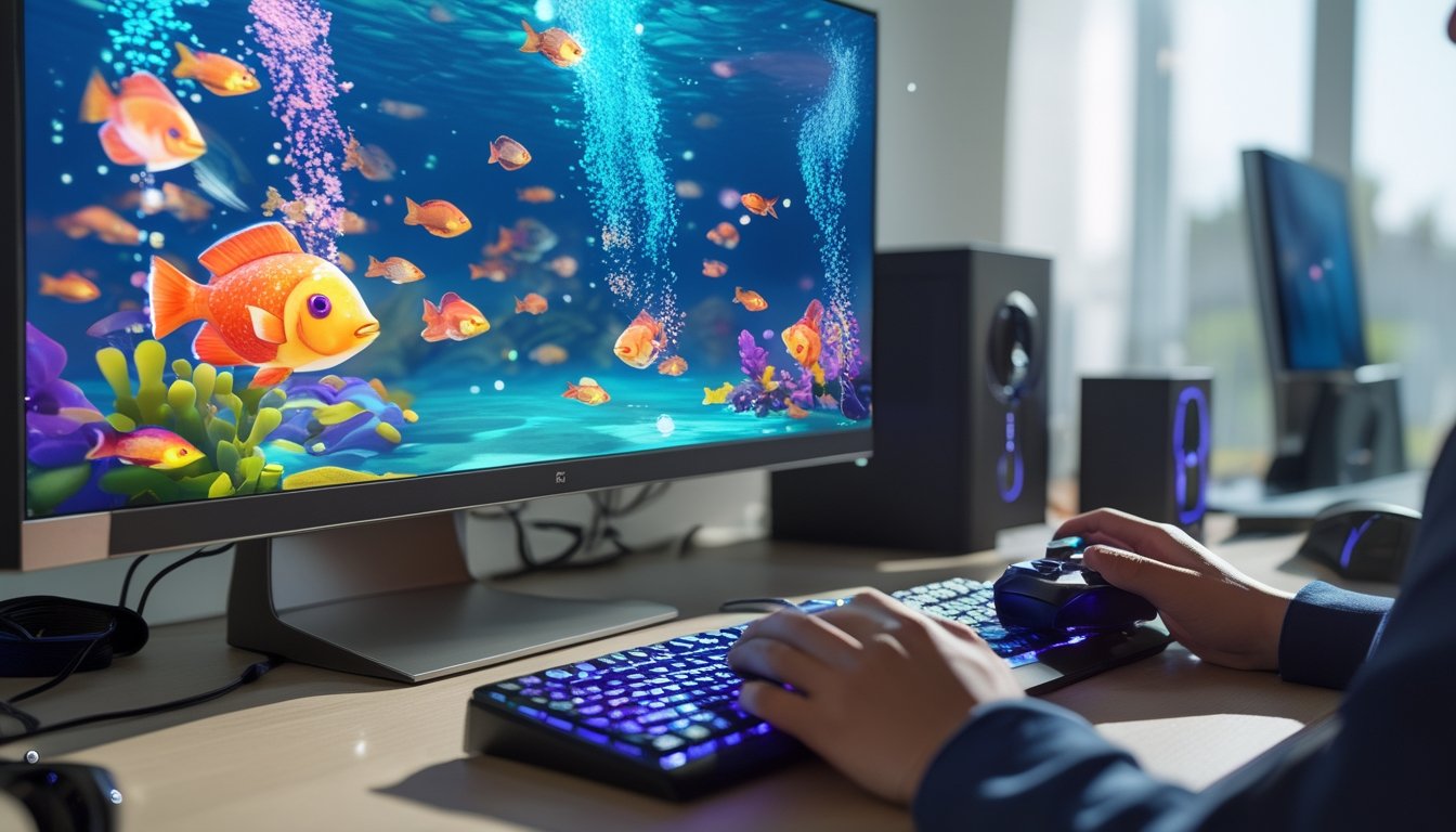 Seorang pemain sedang bermain game tembak ikan 2D di komputer dengan layar menampilkan ikan berwarna-warni di bawah laut.