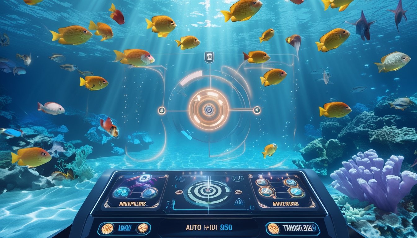 Pemandangan bawah laut penuh ikan warna-warni dengan elemen permainan tembak ikan yang menunjukkan fitur tembakan otomatis dan pengganda tinggi.