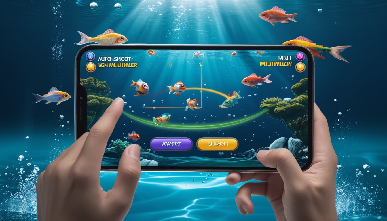 Layar perangkat digital menampilkan permainan tembak ikan 2D dengan ikan berwarna-warni di latar bawah laut, tangan pemain sedang menyentuh layar.