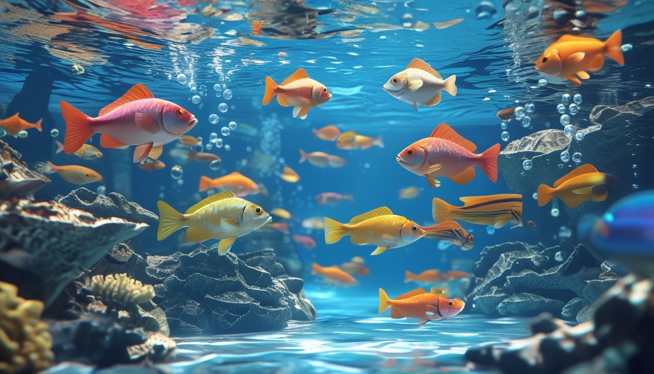 Pemandangan bawah laut dengan berbagai ikan berwarna-warni berenang di air jernih yang diterangi cahaya alami, dengan terumbu karang dan gelembung air.