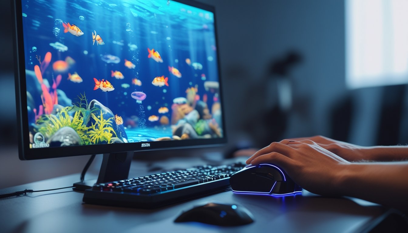 Seorang pemain sedang bermain game tembak ikan 2D di komputer dengan layar menampilkan ikan warna-warni di bawah laut.