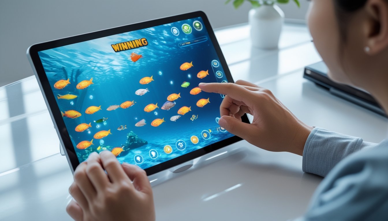Tampilan layar permainan tembak ikan 2D dengan berbagai ikan berwarna-warni dan tangan yang sedang bermain di perangkat digital.
