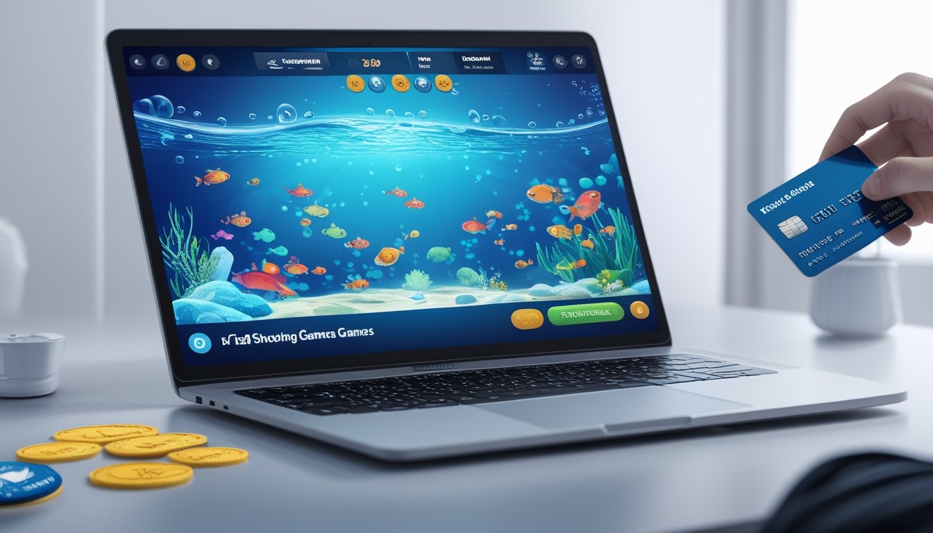 Suasana permainan tembak ikan 2D di layar perangkat digital dengan latar belakang bersih dan elemen pembayaran digital.