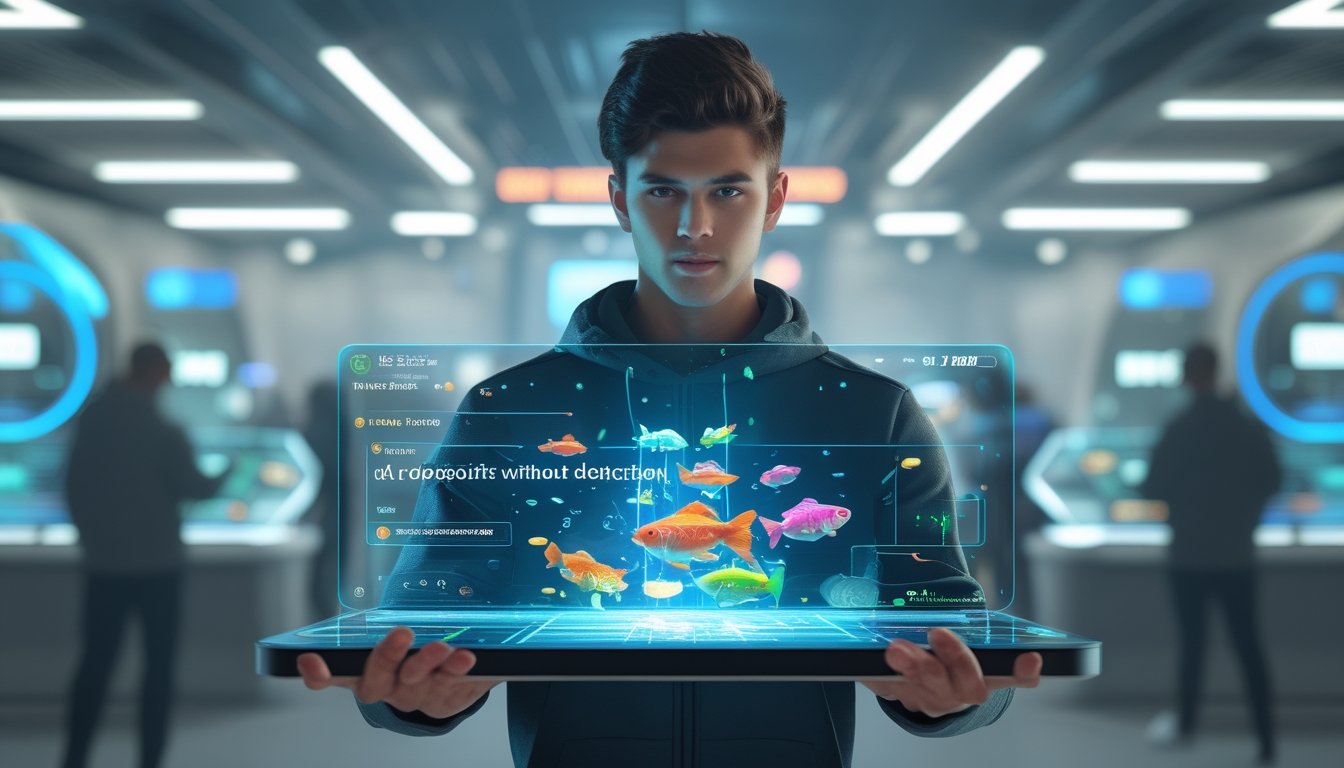 Seorang gamer muda sedang menggunakan layar sentuh besar dengan animasi ikan 2D yang berwarna-warni di latar belakang bertema bawah laut.