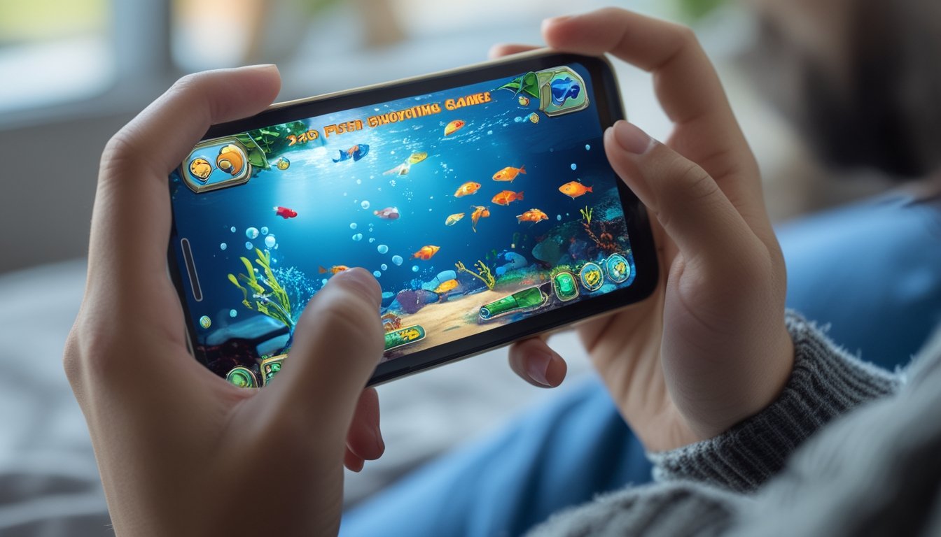 Seseorang memegang smartphone dan bermain game tembak ikan 2D di layar ponsel.