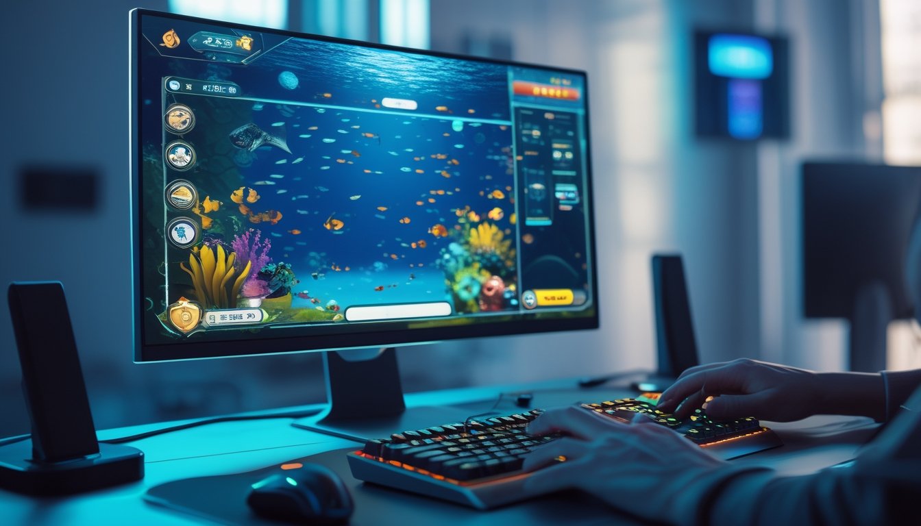 Sebuah ruangan gaming modern dengan monitor yang menampilkan permainan tembak ikan 2D berwarna-warni dan tangan seseorang sedang bermain.