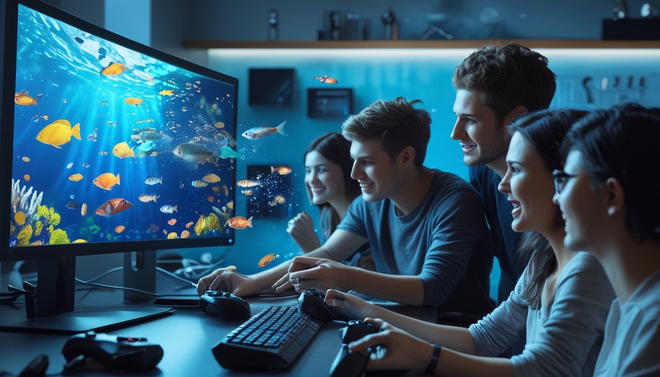 Sejumlah orang muda sedang bermain game tembak ikan 2D di depan layar komputer dengan latar bawah laut penuh ikan berwarna-warni.