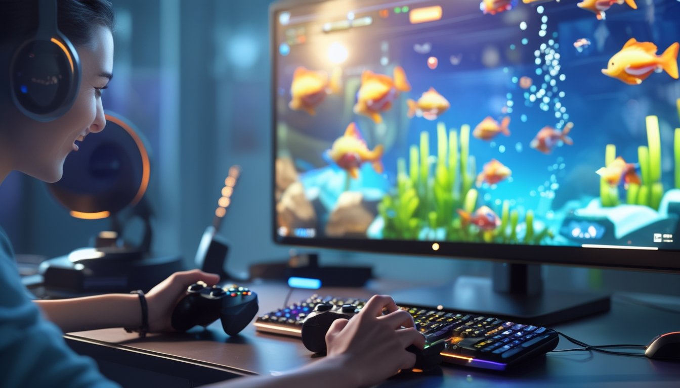 Seseorang sedang bermain game menembak ikan 2D di depan komputer dengan layar menampilkan ikan warna-warni di bawah laut.