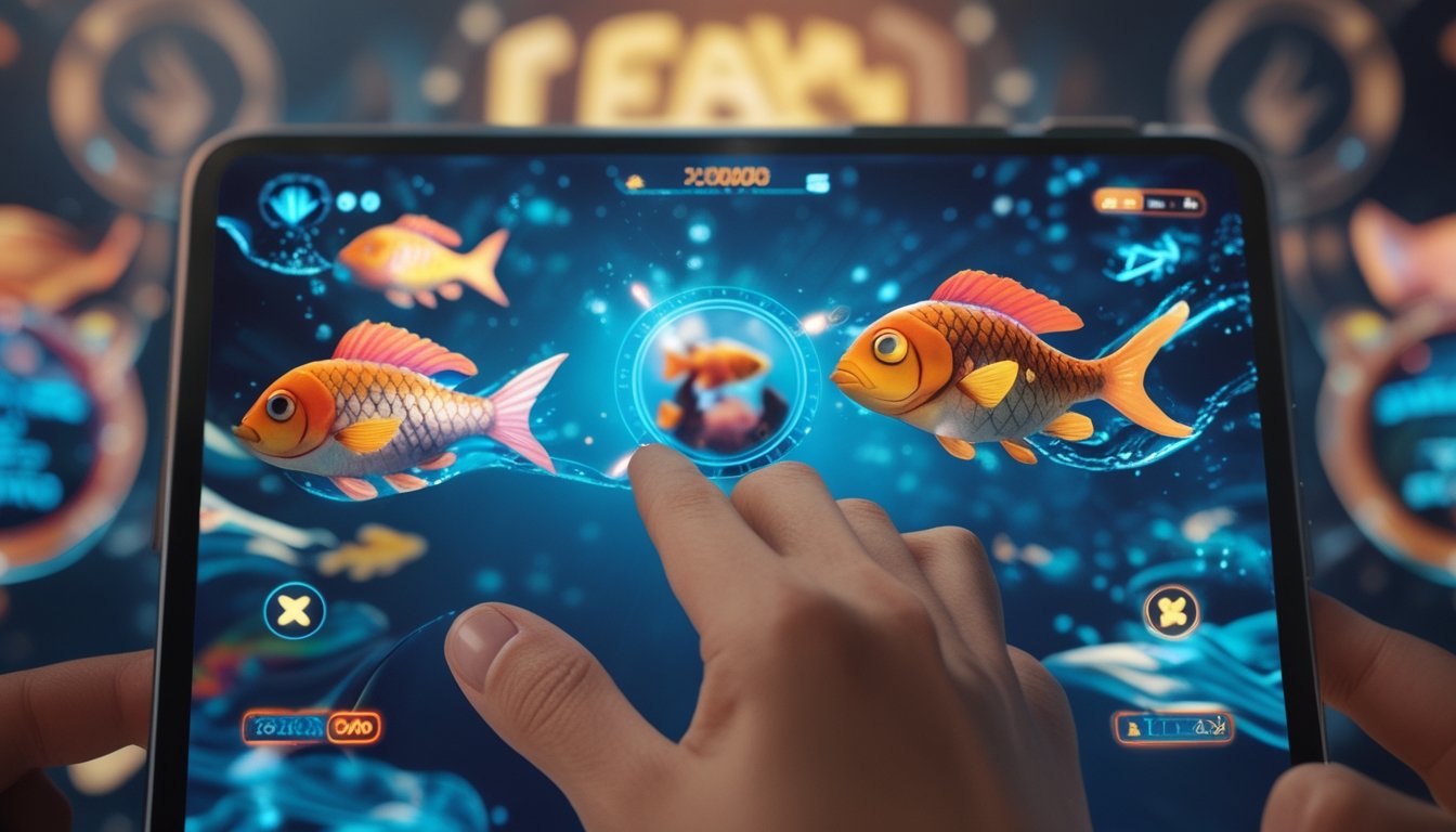 Tampilan permainan tembak ikan 2D di layar perangkat digital dengan tangan pemain yang sedang menembak ikan berwarna-warni di bawah air.