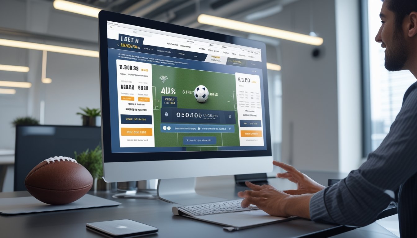Seorang profesional menggunakan laptop di meja kerja modern dengan layar menampilkan situs taruhan olahraga online dan elemen sepak bola di sekitar.