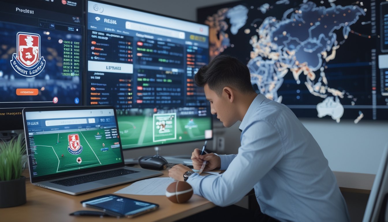 Seorang pria sedang menganalisis jadwal dan statistik pertandingan sepak bola di depan beberapa layar komputer di ruang kerja modern.