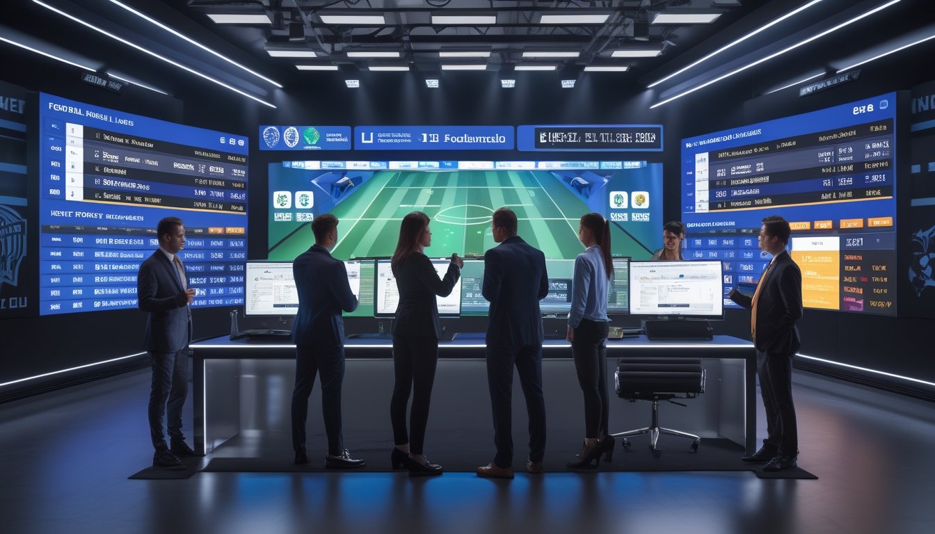 Sejumlah analis olahraga sedang berdiskusi di studio dengan layar besar yang menampilkan jadwal dan skor pertandingan sepak bola dari Liga Inggris, Liga Indonesia, dan Liga Champions.
