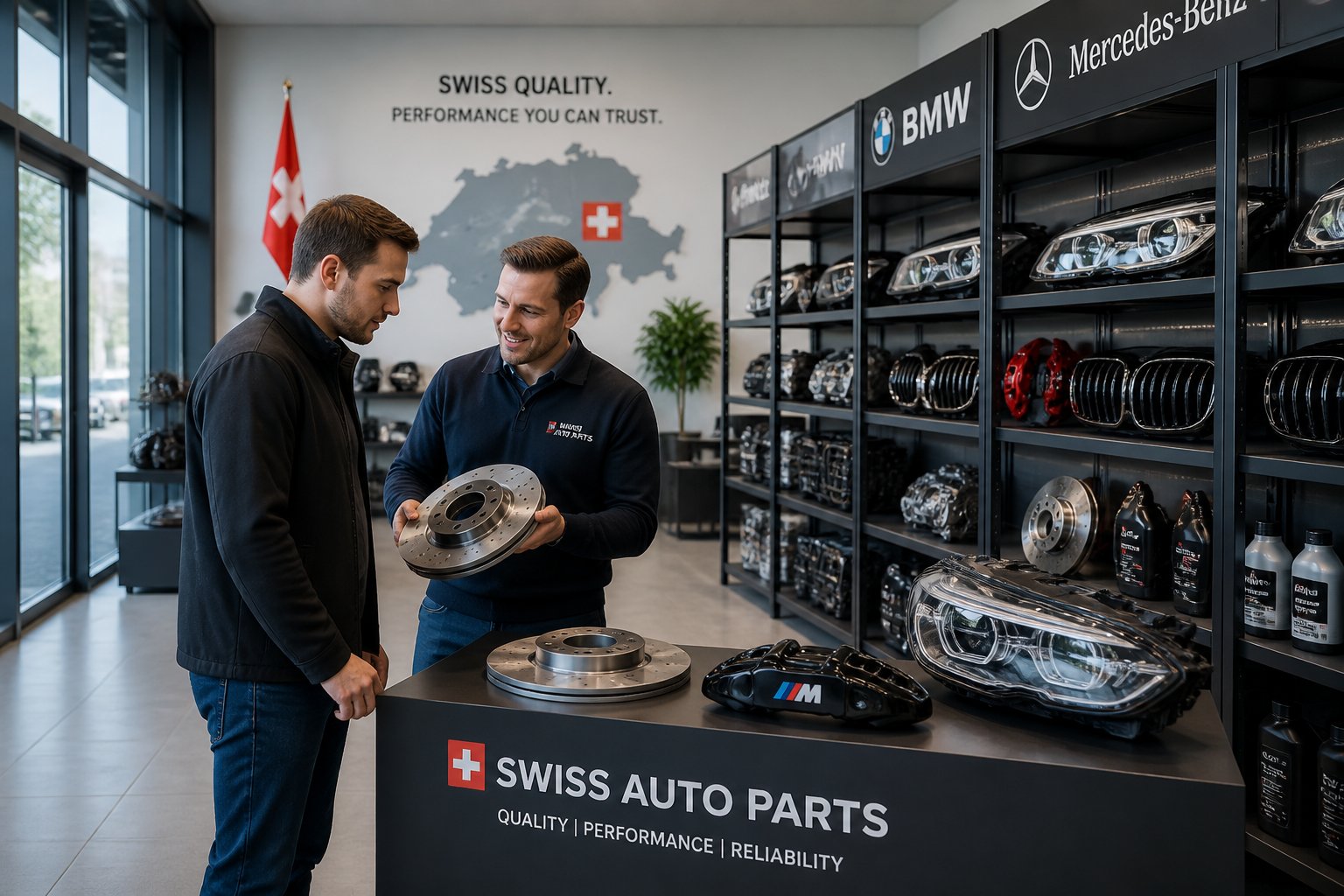 A car parts showroom with shelves of BMW and Mercedes components, a sales representative helping a customer, and Swiss-themed decor.