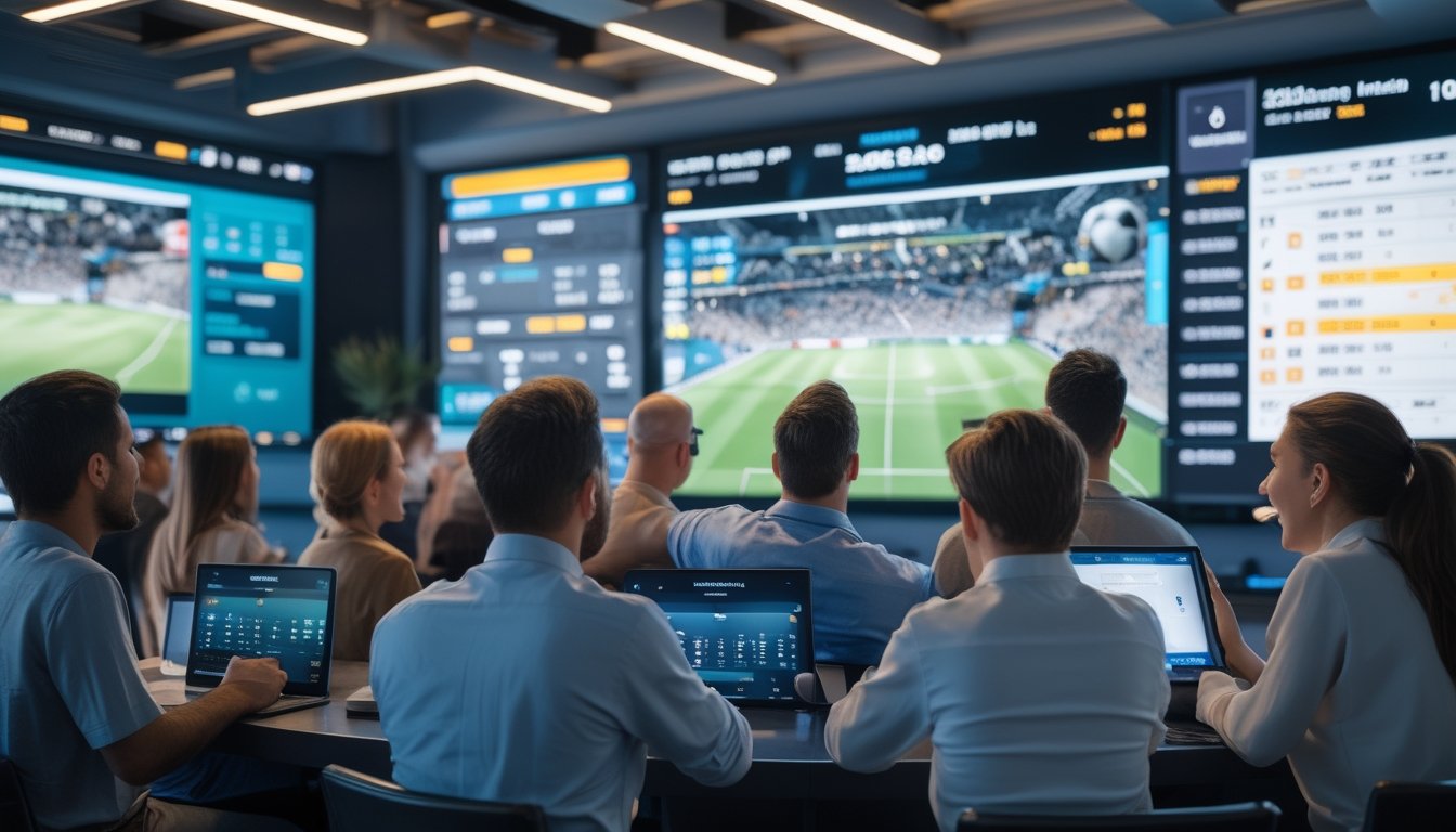 Orang-orang menonton pertandingan sepak bola secara langsung di layar besar sambil memasang taruhan secara real time di lingkungan modern.